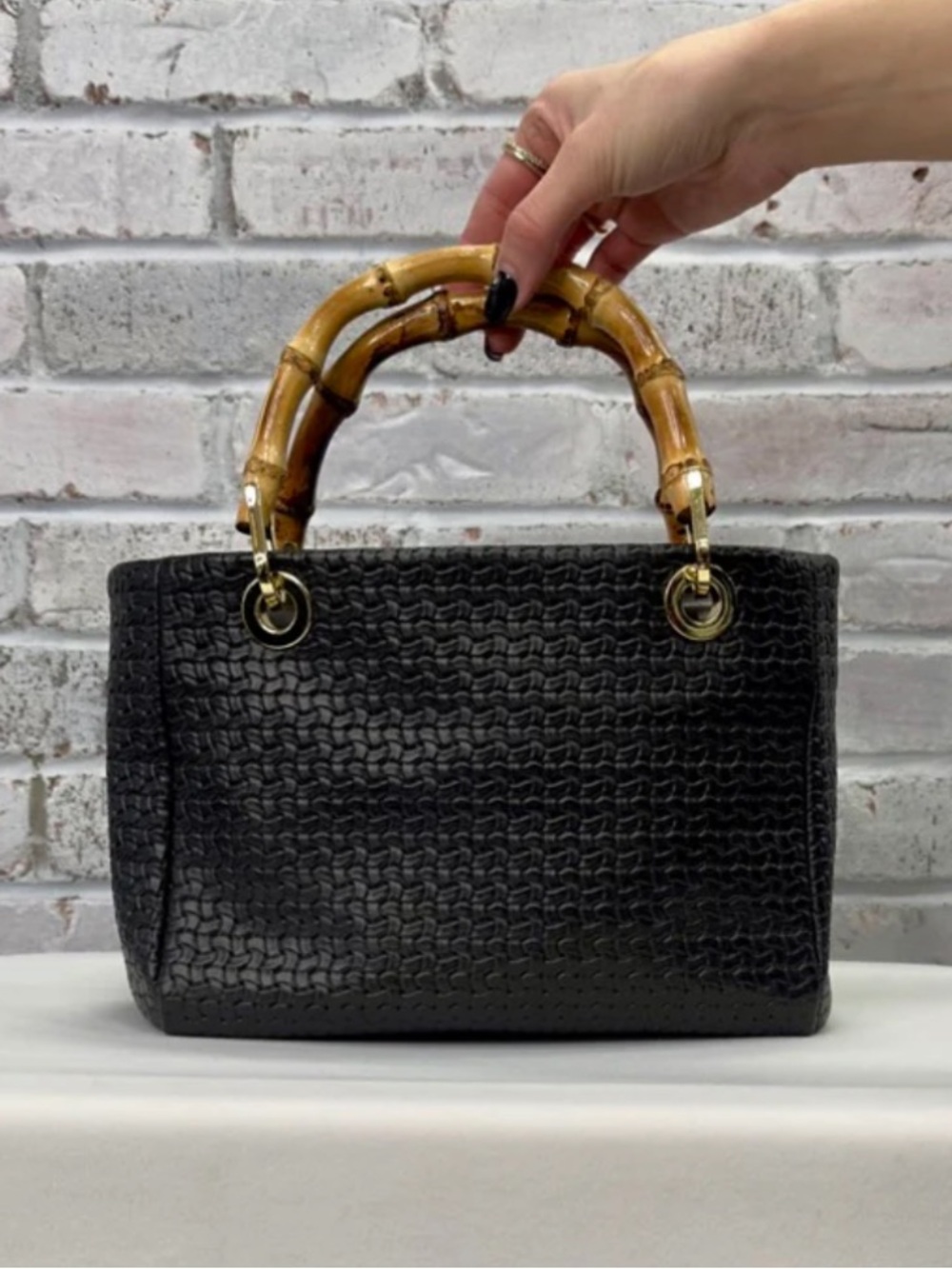 J Mclaughlin Woven Cindy Black Leather Bamboo Handle Handbag